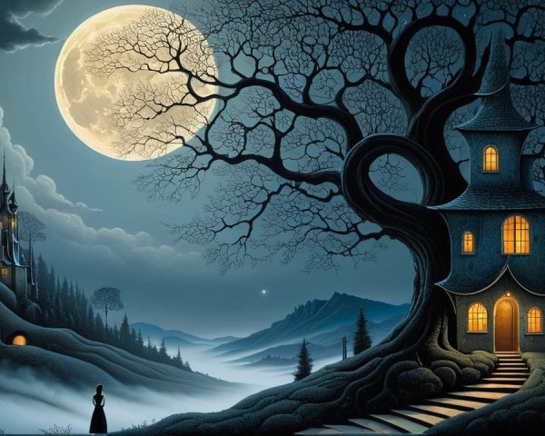 Mystical Night Scene with Glowing Moon and Castle