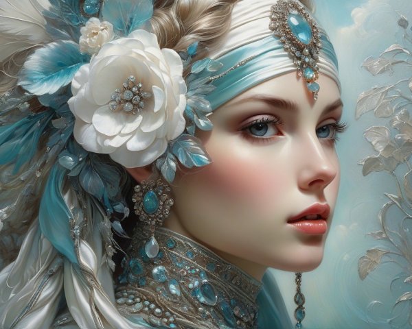 Adorned Woman with Blue Eyes and Floral Headpiece