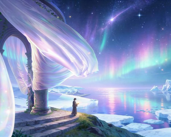 Ethereal Night Scene with Northern Lights and Water View
