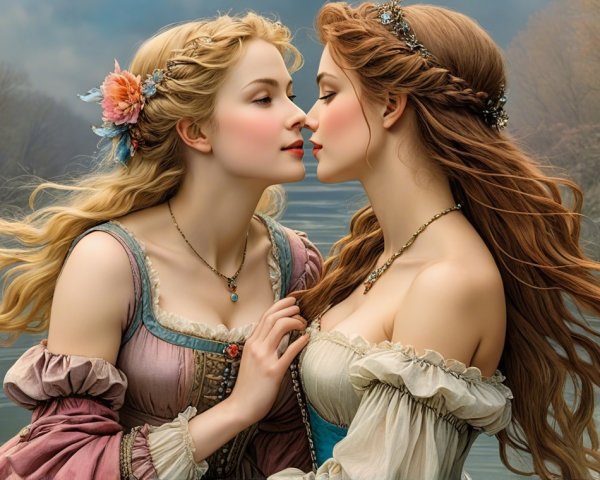 Elegant women in historical gowns by a serene river