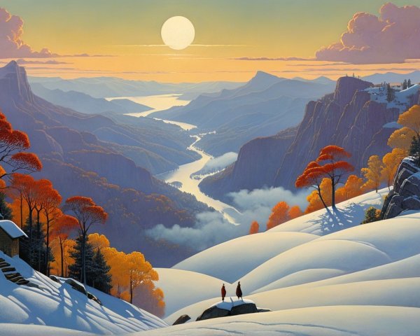 Serene Sunset Landscape with Snowy Hills and Trees