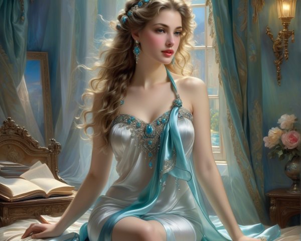 Elegant Woman in Light Blue Gown on Plush Bed