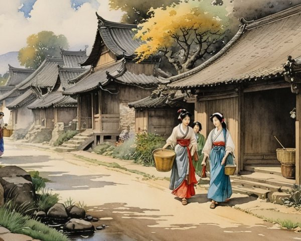 Traditional Village Scene with Wooden Houses and Community