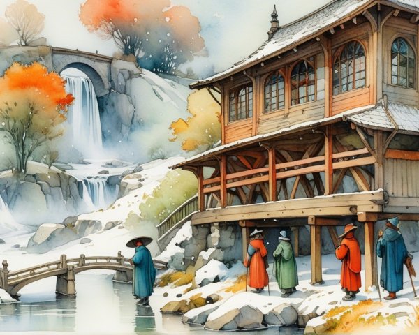 Serene Landscape with Wooden Structure and Waterfall