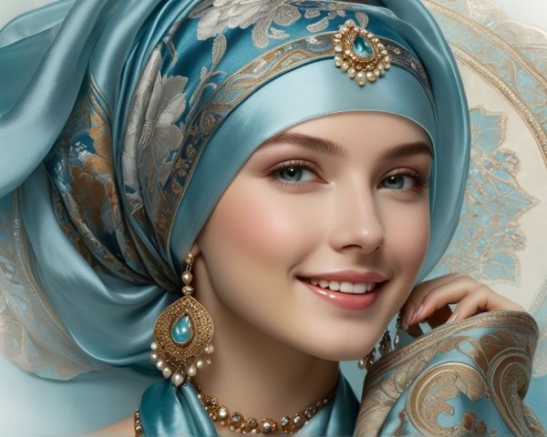 Young woman in turquoise headscarf and elegant jewelry