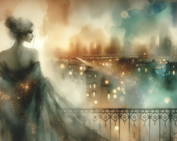 Watercolor Nighttime Cityscape with Woman at Window