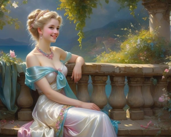 Young Woman on Balcony Surrounded by Nature's Beauty