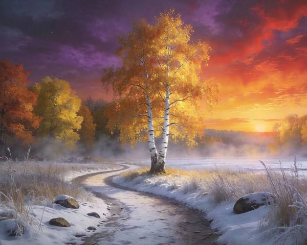 Golden-leaved birch tree on snowy path in foggy forest