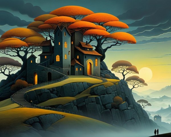 Surreal Landscape with Dark House and Vibrant Trees