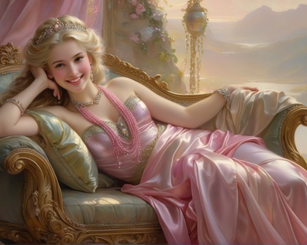 Young woman in pink gown on ornate chaise lounge