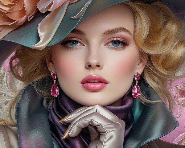 Glamorous Woman with Blonde Curls and Decorative Hat