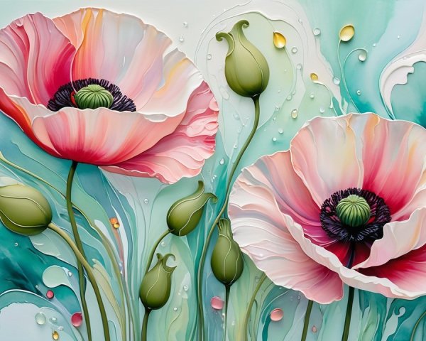 Vibrant Pink Poppy Flowers Against Aqua Blue Background