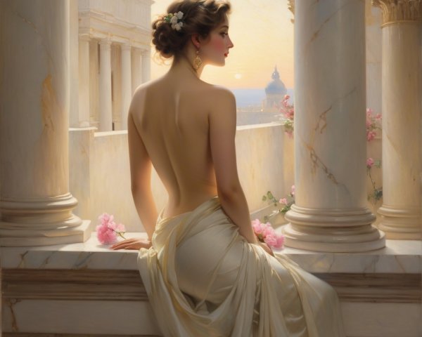 Graceful Woman on Marble Balcony at Sunset