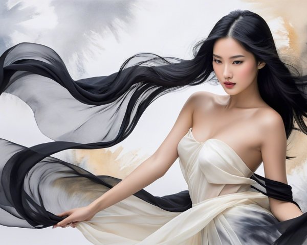 Portrait of a woman in flowing dress with abstract background
