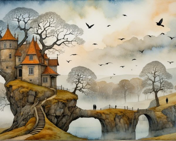 Whimsical Fairytale House on Rocky Outcrop Scene