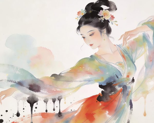 Watercolor painting of an Asian woman in traditional dress