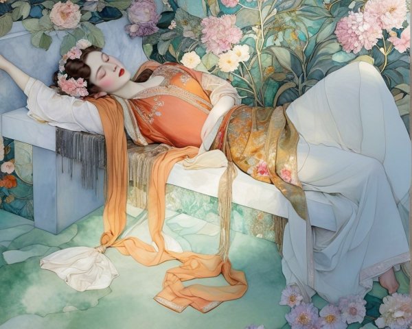 Ethereal Figure on Stone Bench Surrounded by Flowers
