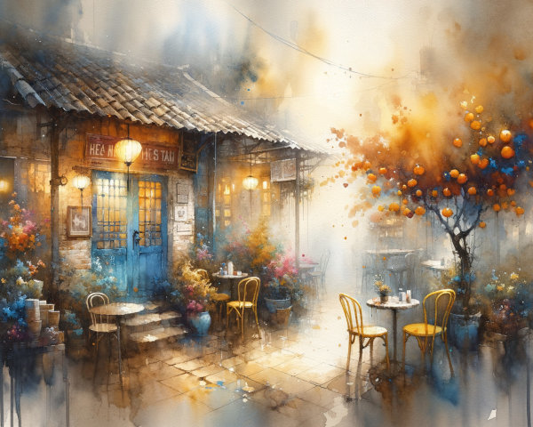 Quaint café street scene with vibrant outdoor seating