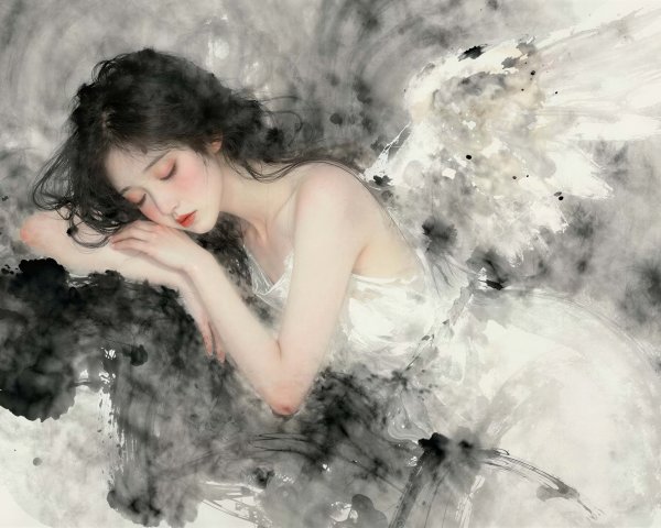 Watercolor Painting of a Sleeping Angel in Grey Tones