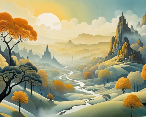 Serene Landscape with Rolling Hills and Mountains
