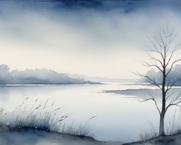 Watercolor Landscape of a Tranquil Lake and Hills
