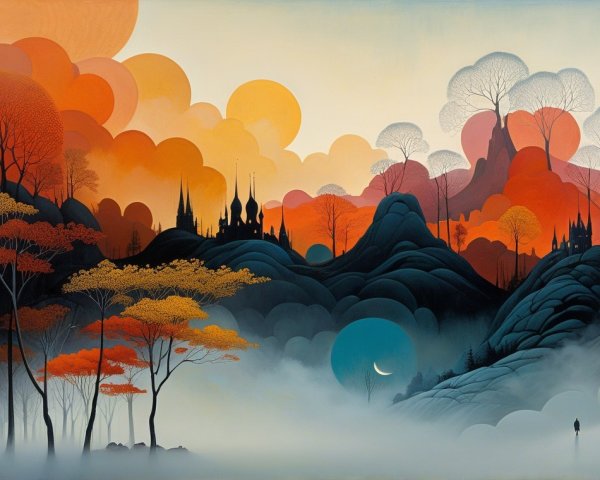 Surreal Landscape with Mountains and Whimsical Trees