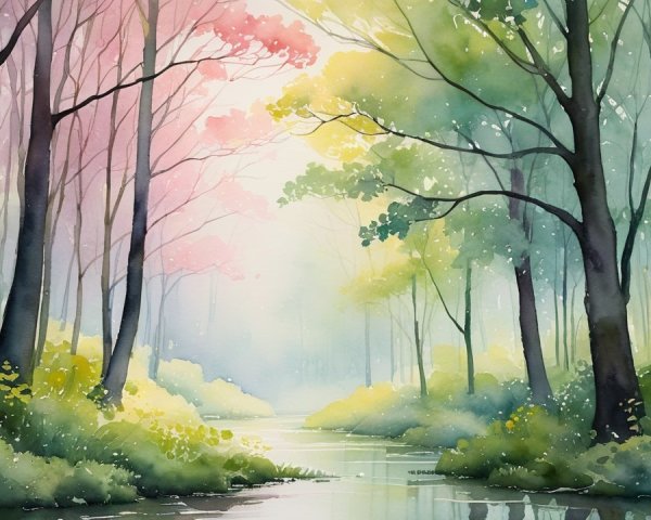 Tranquil Watercolor Forest Landscape with Stream