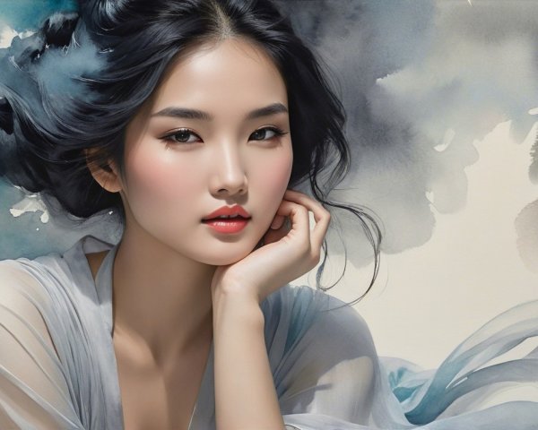 Serene Portrait of a Young Woman with Black Hair
