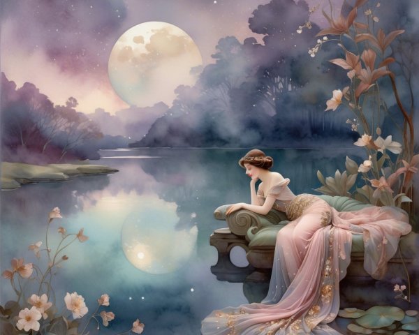 Serene Moonlit Scene by a Tranquil Lake