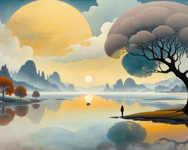 Tranquil Lake Landscape with Silhouetted Mountains