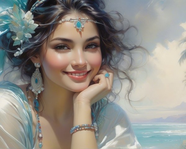 Young Woman in Flowing Garment at Tropical Beach