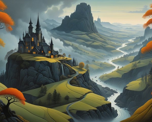 Whimsical Landscape with Castle and Autumn Trees