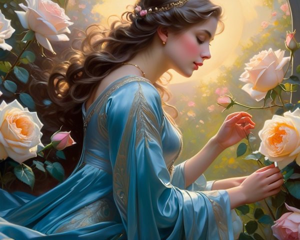 Young Woman in Blue Gown Among Blooming Roses