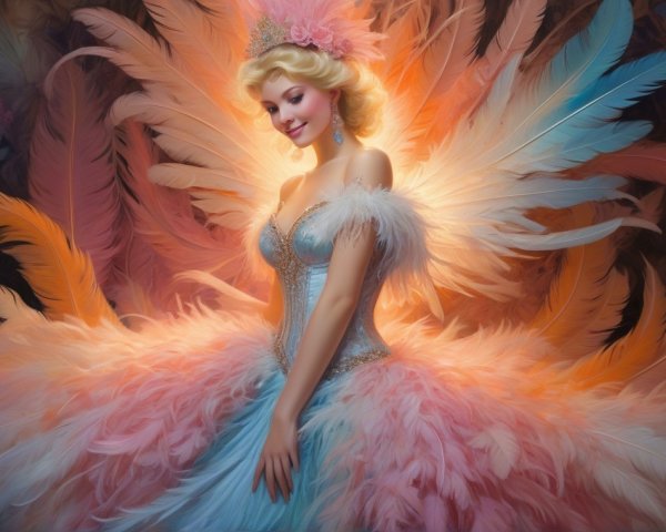 Glamorous figure in pastel feather gown and floral headpiece