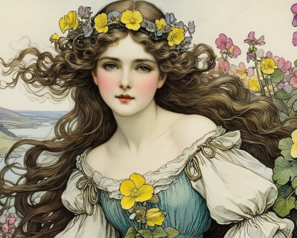 Young woman in blue dress with floral crown in nature