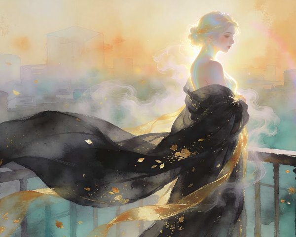 Watercolor Illustration of a Woman on a Balcony at Sunset