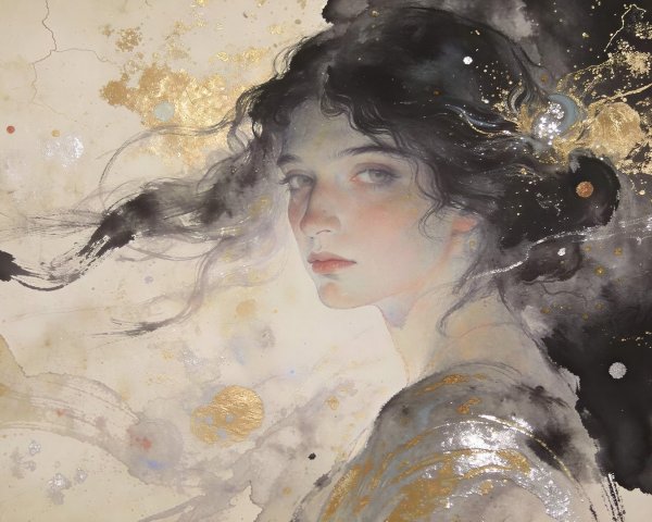 Watercolor portrait of a woman with fair skin and dark hair