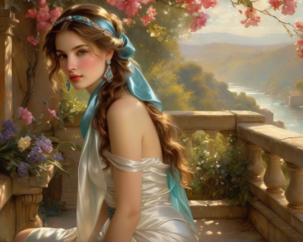 Young woman in white gown amid serene nature backdrop