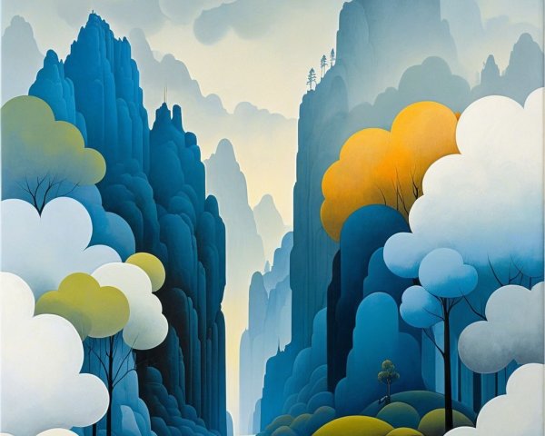 Serene Landscape with Stylized Blue Mountains and Stream