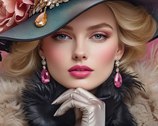 Glamorous Woman in Ornate Hat and Luxurious Fur