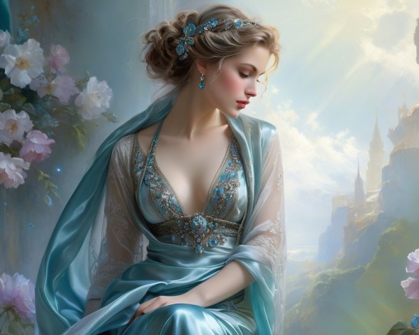 Serene figure in blue gown amid flowers and light