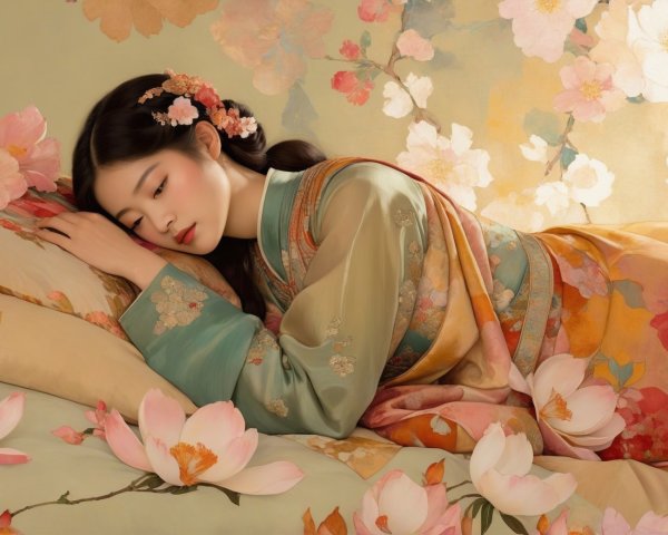 Young Woman in Kimono Surrounded by Flowers