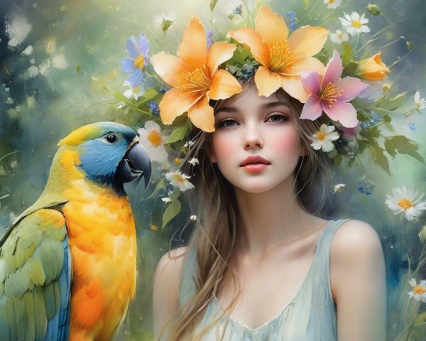 Young Woman with Flower Crown and Colorful Parrot