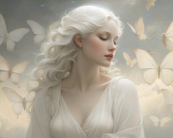 Serene Woman with White-Blonde Hair and Butterflies