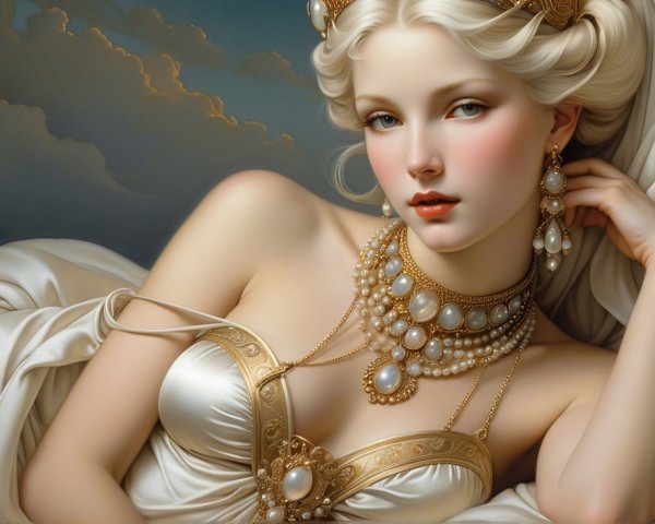Elegant Woman in Gown Against Cloudy Background