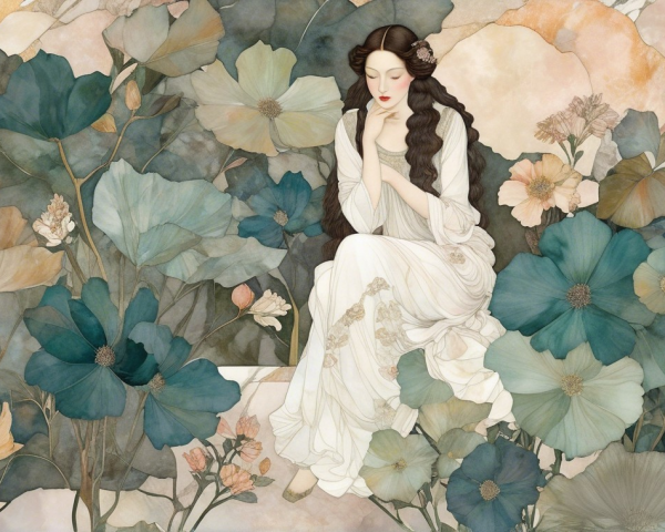Serene Scene of Woman in White Dress Among Flowers