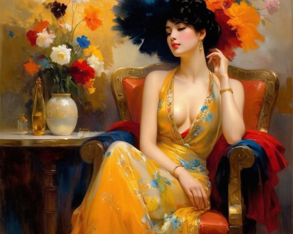 Woman in Yellow Floral Dress in Ornate Chair