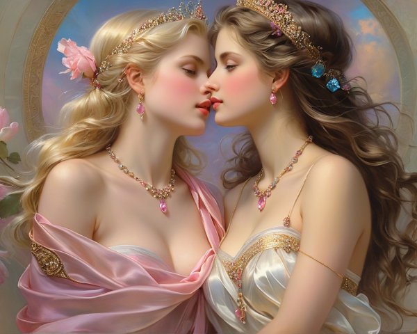 Elegant women in gowns with roses in pastel setting