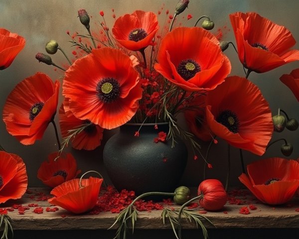 Vibrant Red Poppy Flowers in Dark Vase Arrangement