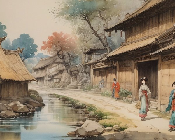 Serene Riverside Village with Traditional Wooden Houses